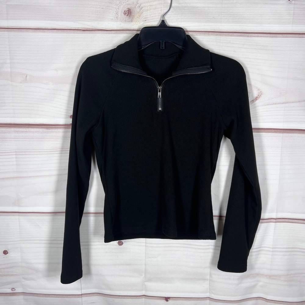 Unbranded Quarter Zip Pullover Top Womens M Black Ribbed Long Sleeve Slim Fit